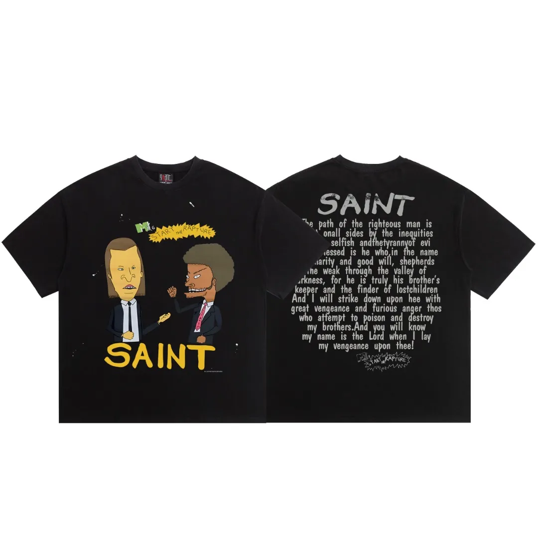 American-style Saint Michael's cheesy and big-headed printed washed, distressed and damaged loose short-sleeved T-shirt. Digital white ink direct printing. The fabric is breathable and the pattern is three-dimensional and clear. Fabric: Double yarn 240g Style number: S890 Size: S-M-L-XL Color: Washed black Price: P118